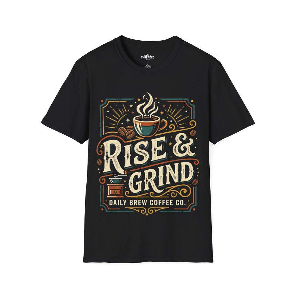 Rise & Grind Coffee T-Shirt — Retro Coffee Cup Graphic Tee