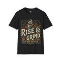 Rise & Grind Coffee T-Shirt — Retro Coffee Cup Graphic Tee