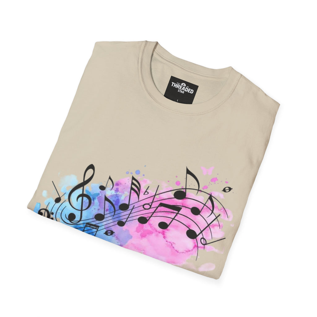 Music Notes Watercolor T-Shirt – Pink & Blue Melody Graphic Tee