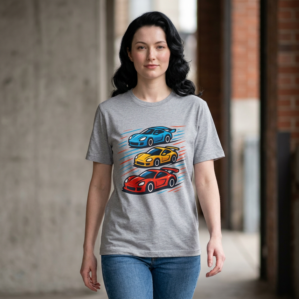 Racing Cars Graphic T-Shirt — Red Yellow Blue Sports Car Design