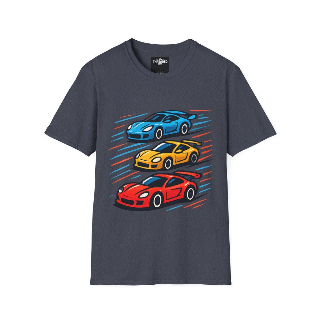 Racing Cars Graphic T-Shirt — Red Yellow Blue Sports Car Design