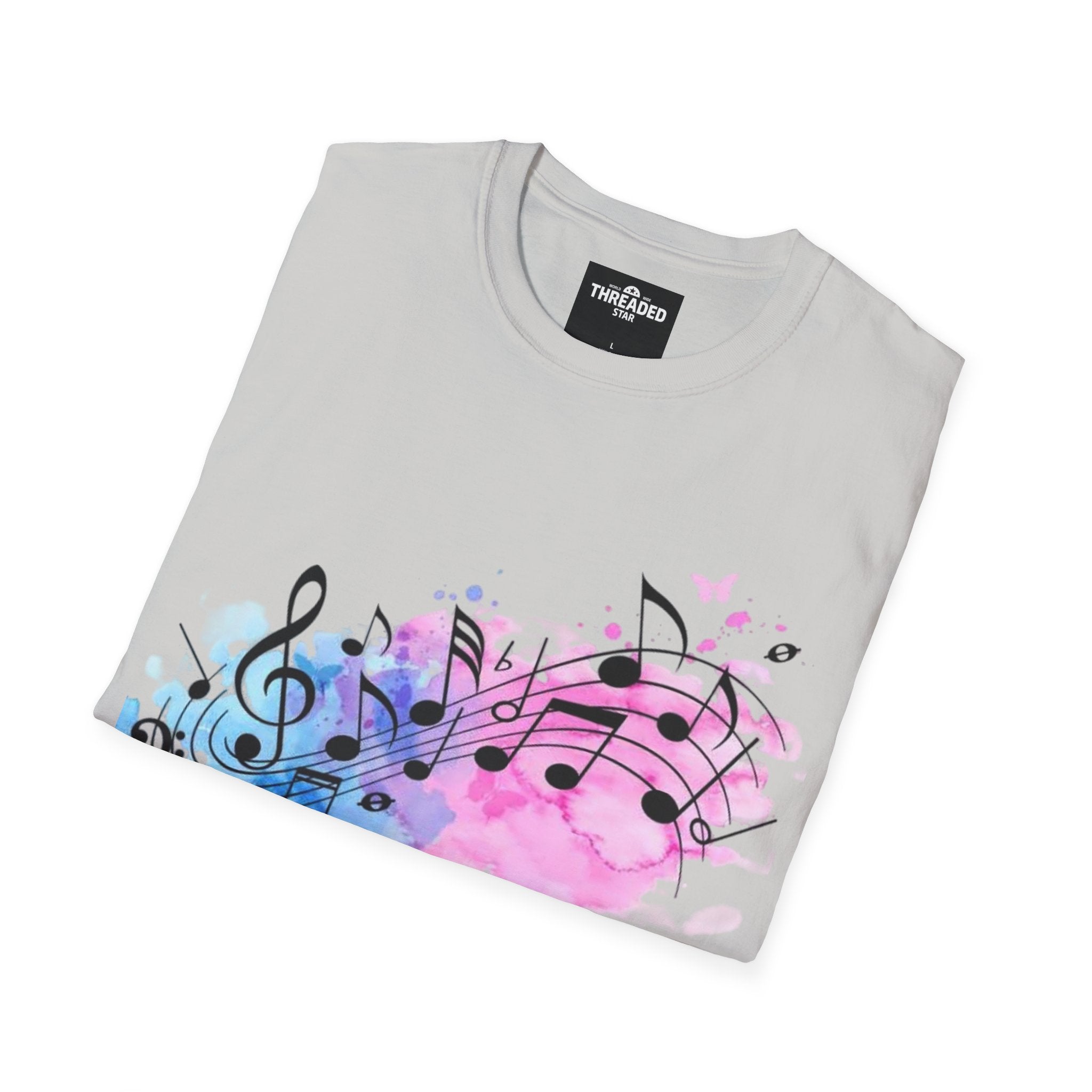 Music Notes Watercolor T-Shirt – Pink & Blue Melody Graphic Tee